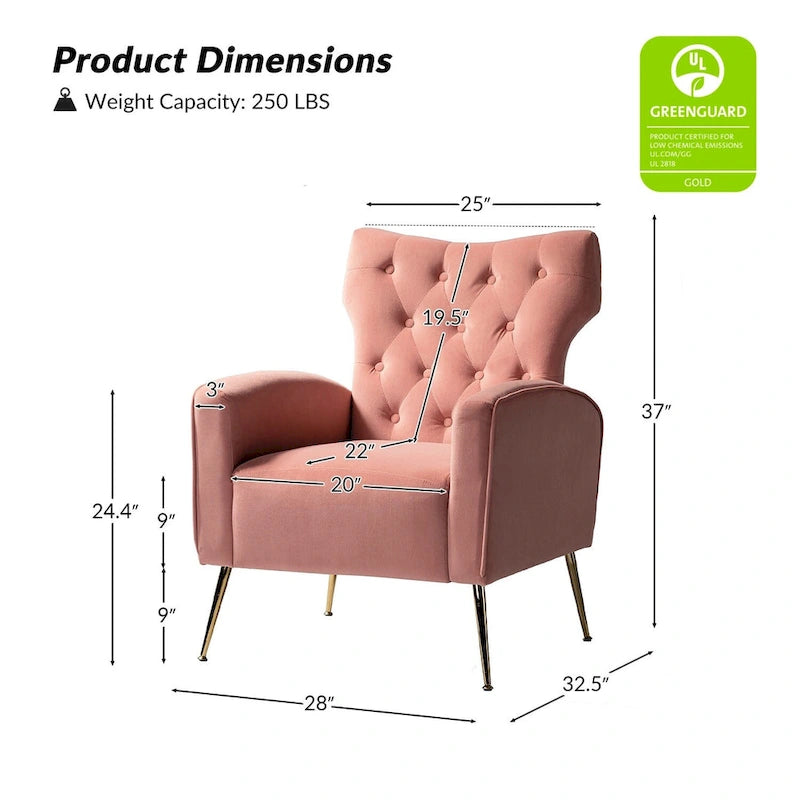 Fauteuil contemporain en velours capitonné à dossier haut avec pieds évasés en métal doré