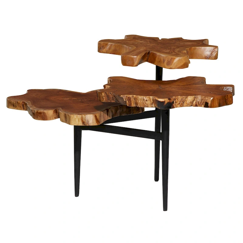 Table d'appoint à bords naturels faite main en bois de teck à 3 niveaux avec base noire - Marron