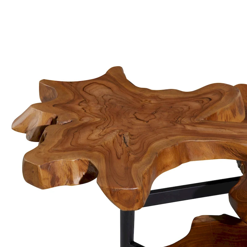 Table d'appoint à bords naturels faite main en bois de teck à 3 niveaux avec base noire - Marron