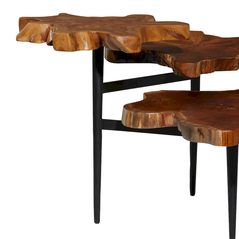 Table d'appoint à bords naturels faite main en bois de teck à 3 niveaux avec base noire - Marron