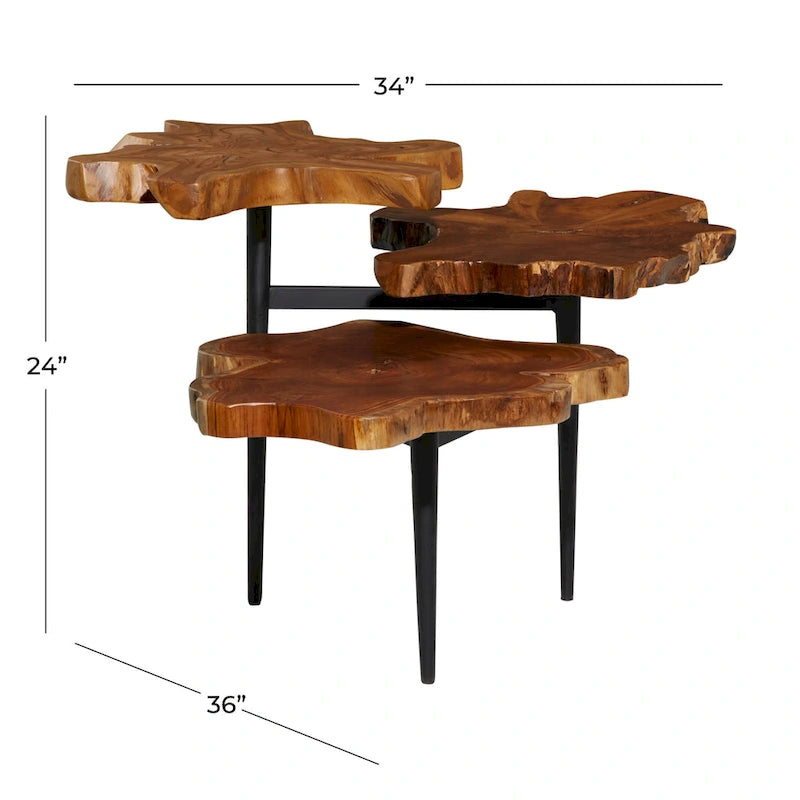Table d'appoint à bords naturels faite main en bois de teck à 3 niveaux avec base noire - Marron