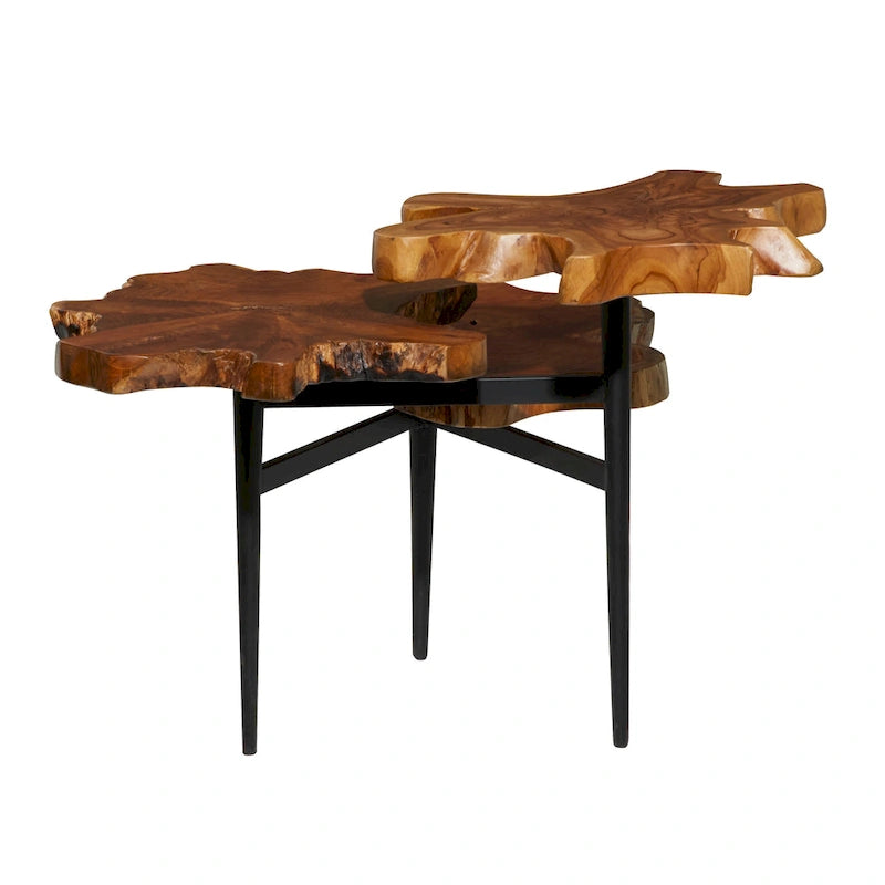 Table d'appoint à bords naturels faite main en bois de teck à 3 niveaux avec base noire - Marron