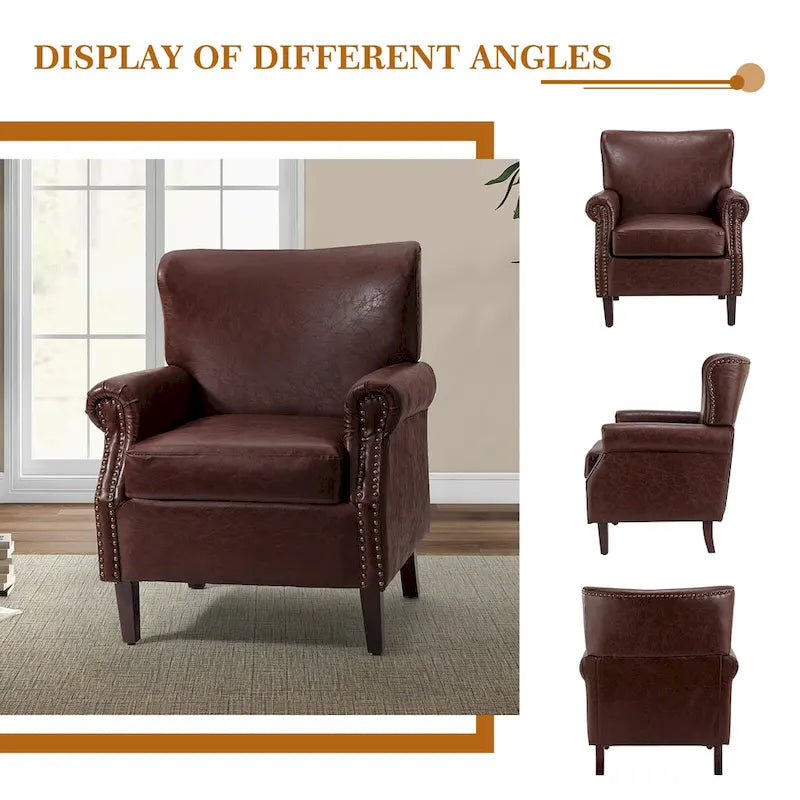 Fauteuil en cuir de transition avec accoudoirs roulés cloutés