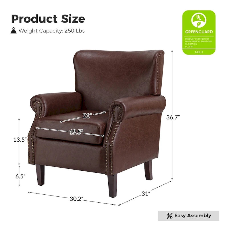 Fauteuil en cuir de transition avec accoudoirs roulés cloutés