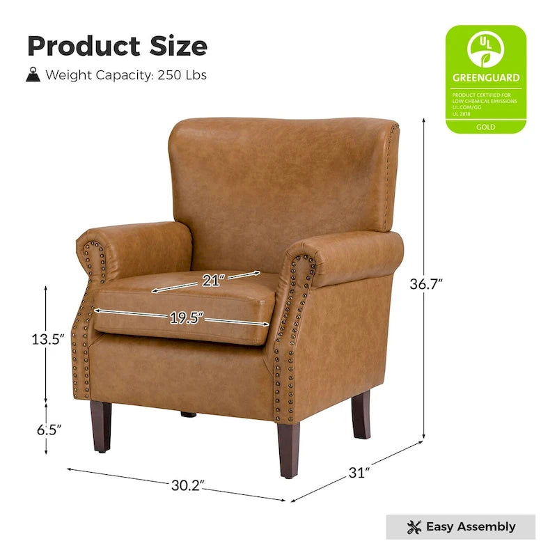 Fauteuil en cuir de transition avec accoudoirs roulés cloutés