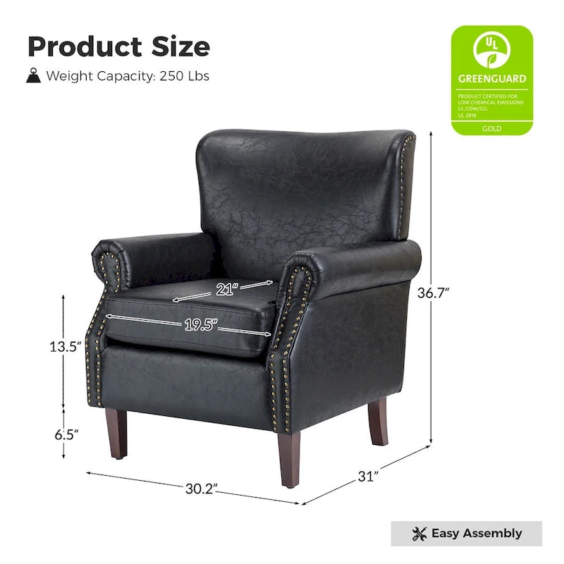 Fauteuil en cuir de transition avec accoudoirs roulés cloutés