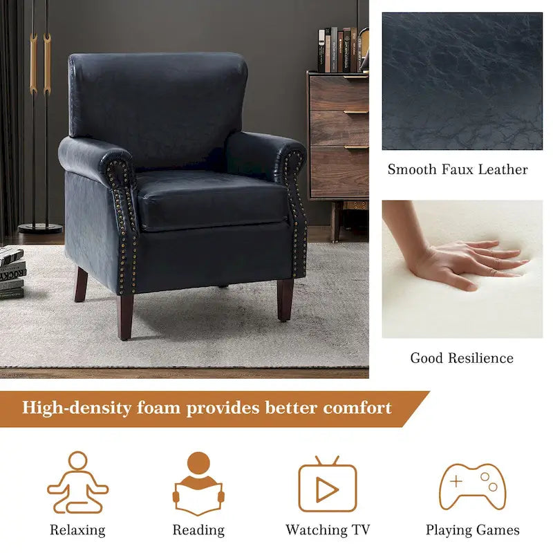 Fauteuil en cuir de transition avec accoudoirs roulés cloutés