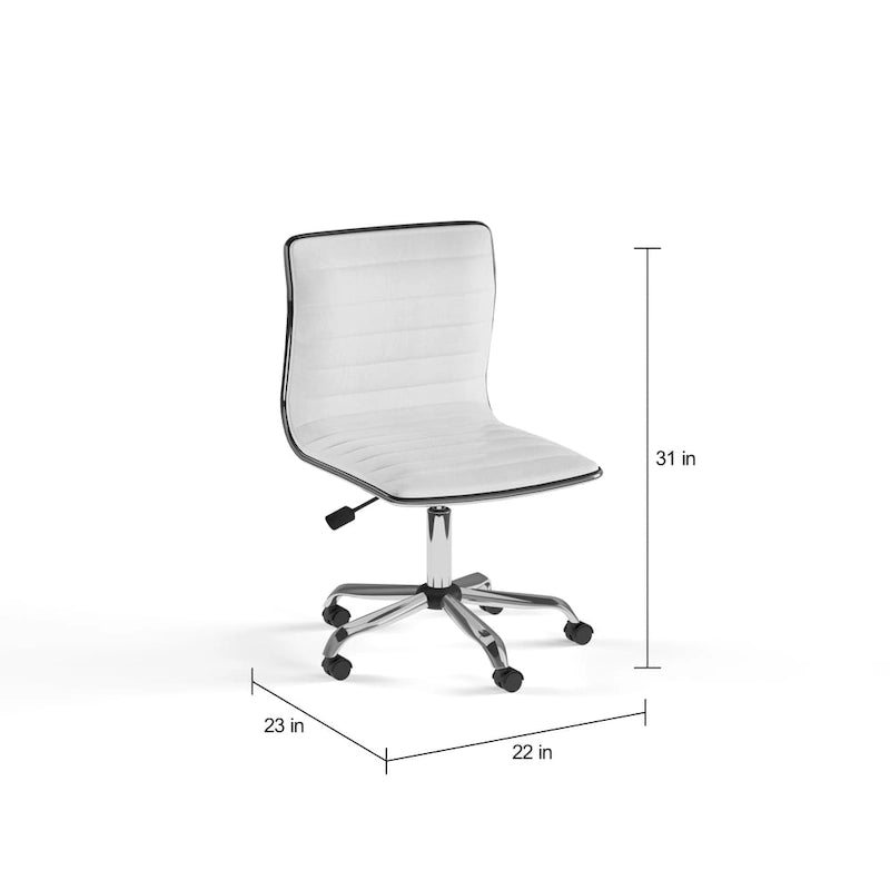 Fauteuil de bureau pivotant en cuir blanc côtelé sans accoudoirs à dossier mi-hauteur