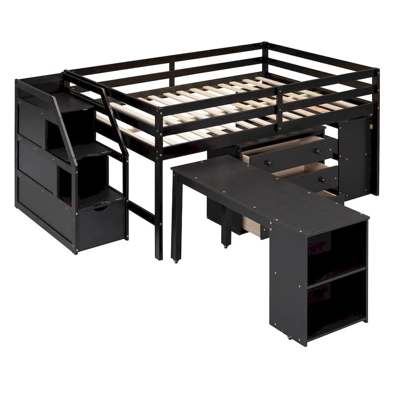 Lit mezzanine pleine grandeur avec bureau escamotable et 3 tiroirs, lit mezzanine en bois avec escalier de rangement et étagères, expresso