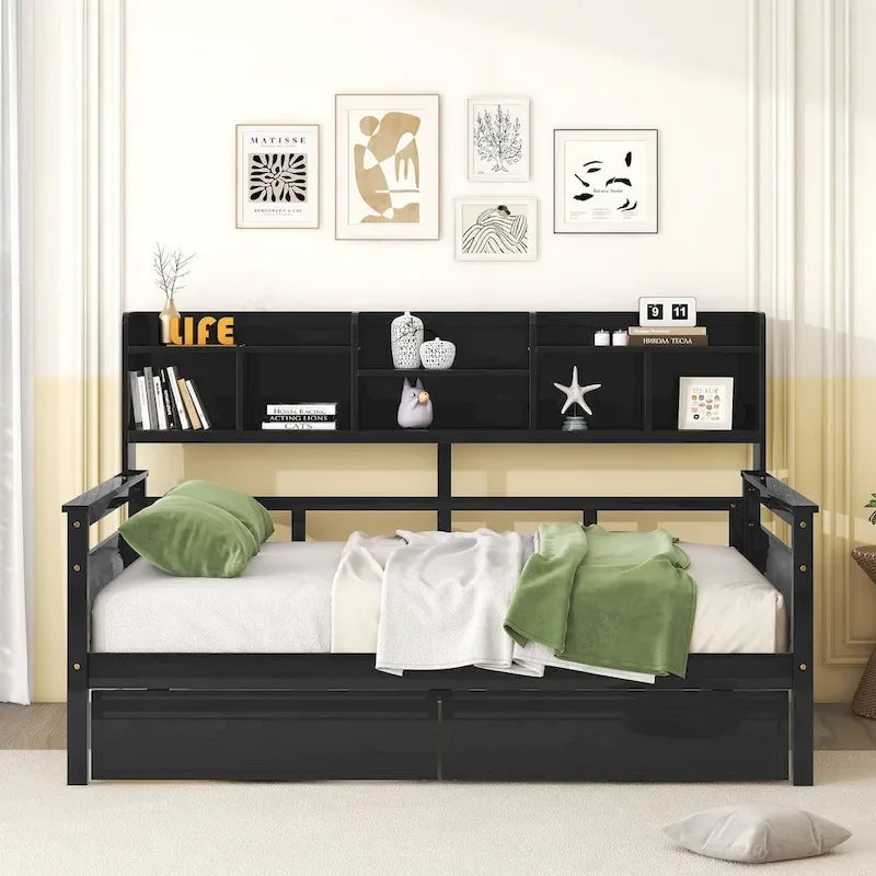 Lit de repos pleine grandeur, support à lattes en bois, avec étagère de chevet et deux tiroirs
