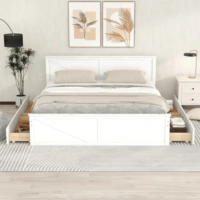 Lit plateforme en bois avec 4 tiroirs de rangement et pieds de soutien