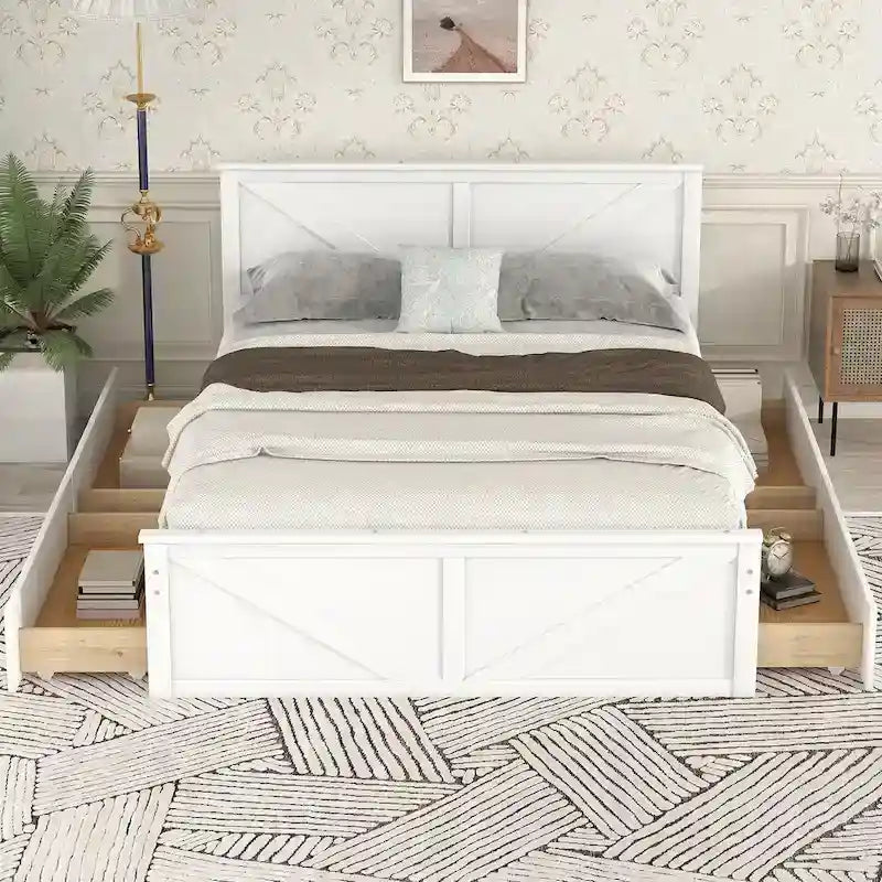 Lit plateforme en bois avec 4 tiroirs de rangement et pieds de soutien