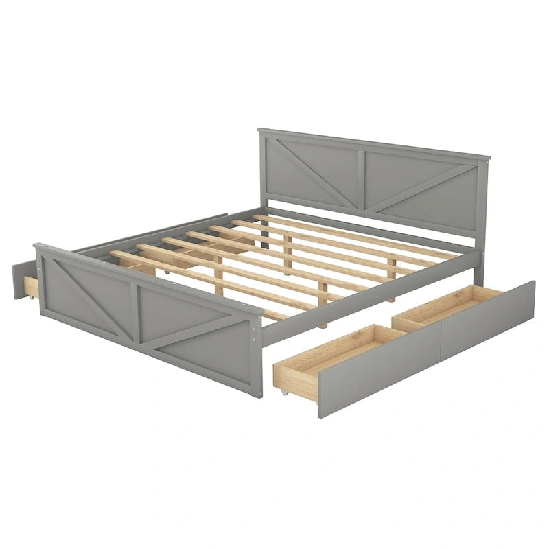 Lit plateforme en bois avec 4 tiroirs de rangement et pieds de soutien