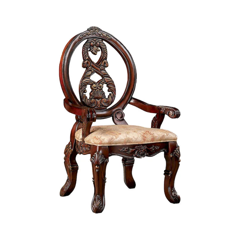 Chaise de salle à manger de 28 pouces, dossier sculpté en bois marron, tissu beige