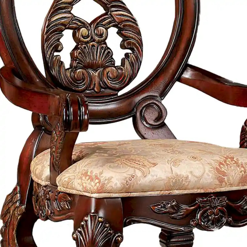 Chaise de salle à manger de 28 pouces, dossier sculpté en bois marron, tissu beige