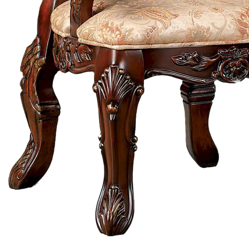 Chaise de salle à manger de 28 pouces, dossier sculpté en bois marron, tissu beige