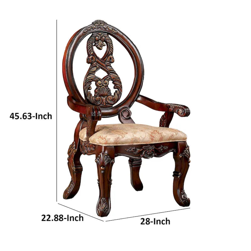 Chaise de salle à manger de 28 pouces, dossier sculpté en bois marron, tissu beige