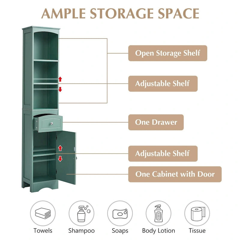 Armoire de rangement de salle de bain autoportante de 67 po avec portes et étagères réglables