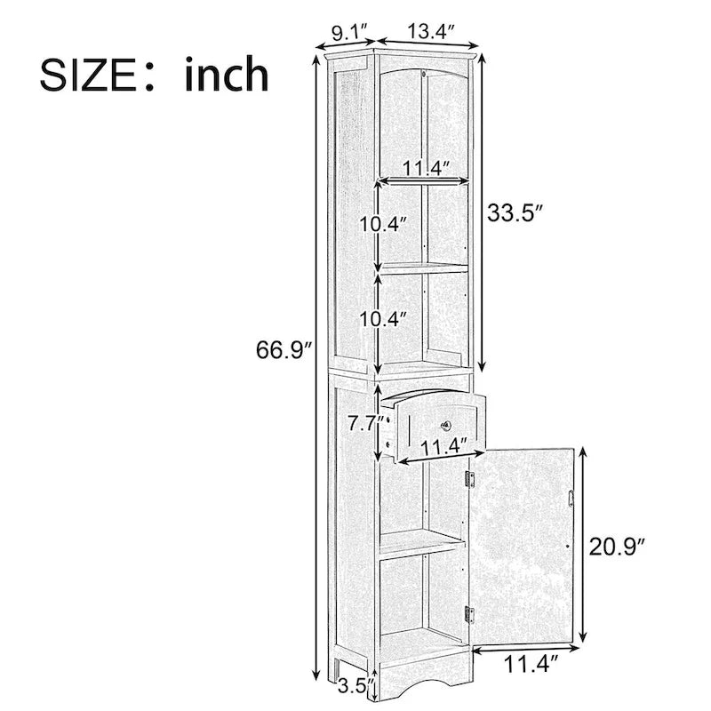 Armoire de rangement de salle de bain autoportante de 67 po avec portes et étagères réglables