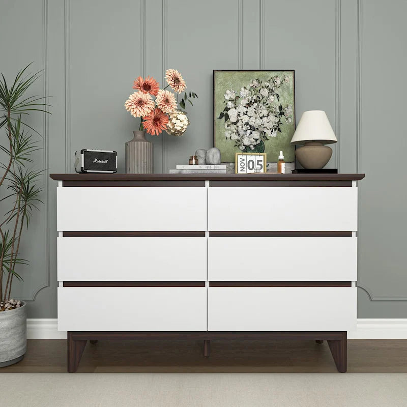 Commode double 6 tiroirs avec tiroirs larges, commode blanche pour chambre à coucher, commode de rangement en bois pour salon couloir