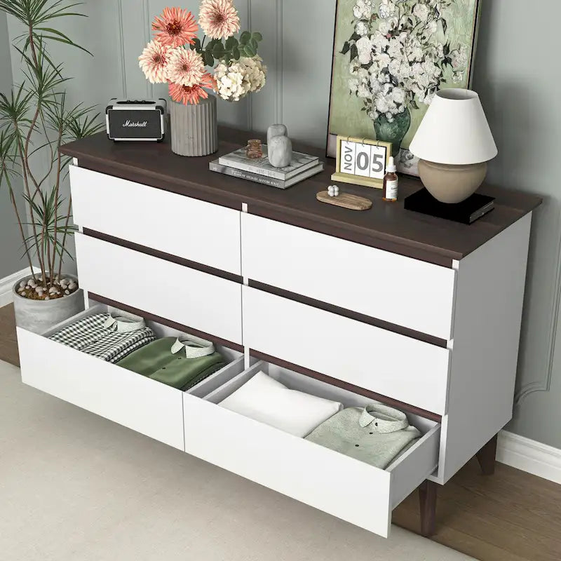 Commode double 6 tiroirs avec tiroirs larges, commode blanche pour chambre à coucher, commode de rangement en bois pour salon couloir